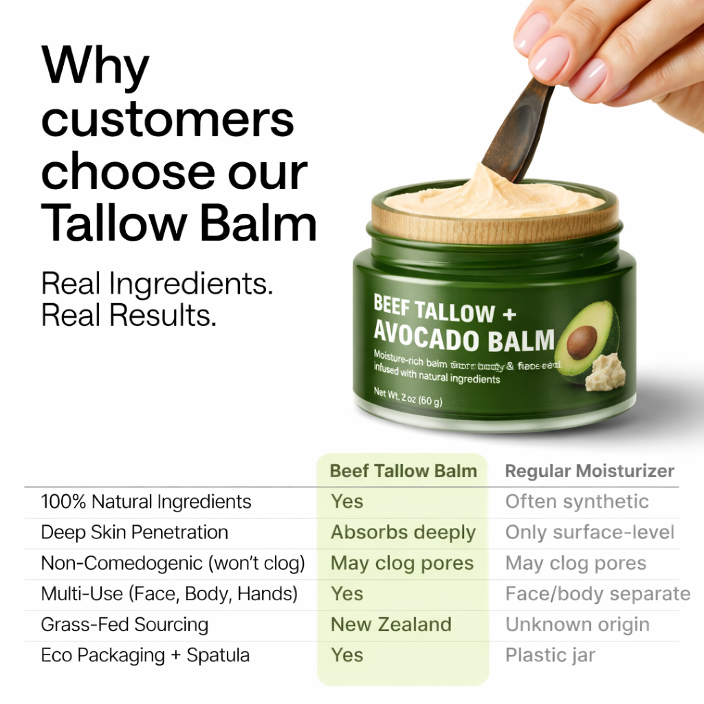 Beef Tallow & Avocado Balm Face & Body Moisturizer with Jojoba & Shea, Deep Hydration for Dry Skin
