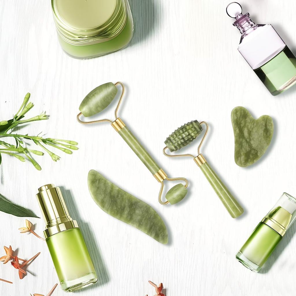 Set of 4 Facial Rollers & Gua Sha — Stone Face Massager Kit