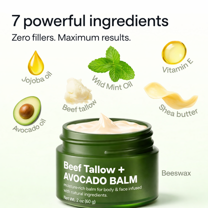 Beef Tallow & Avocado Balm Face & Body Moisturizer with Jojoba & Shea, Deep Hydration for Dry Skin