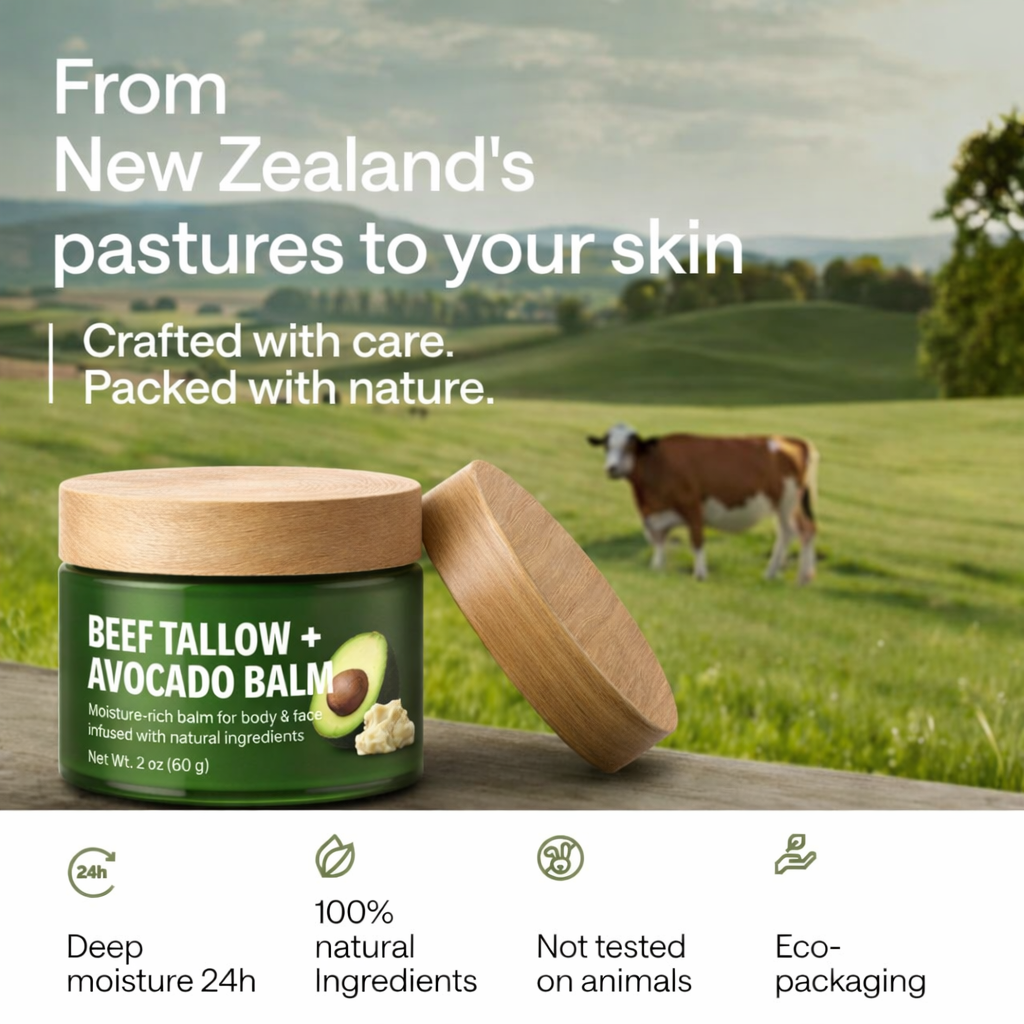 Beef Tallow & Avocado Balm Face & Body Moisturizer with Jojoba & Shea, Deep Hydration for Dry Skin