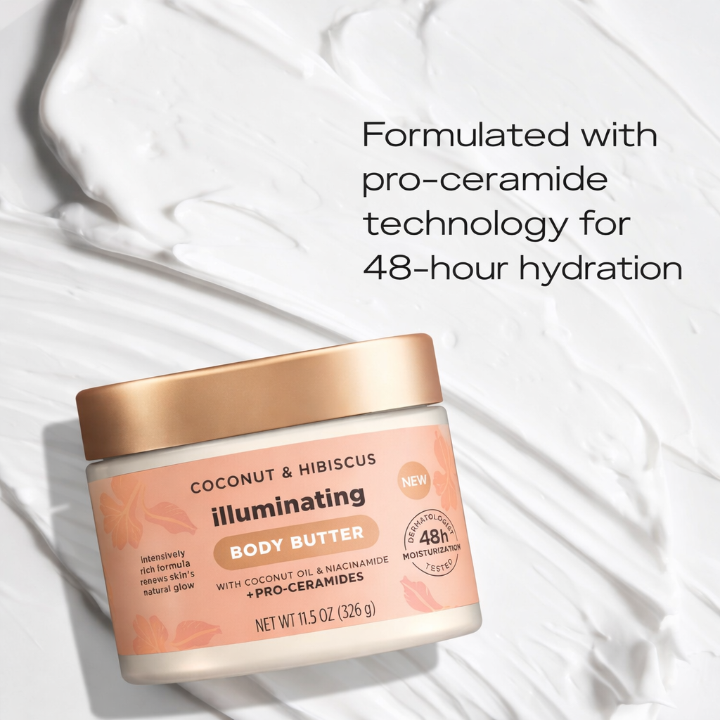 Illuminating Body Butter with Coconut & Hibiscus | 48H Moisturizing | Niacinamide & Pro-Ceramide for Glowing Skin