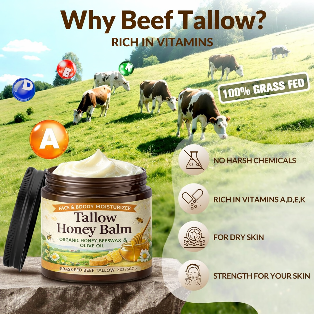 Beef Tallow & Honey Balm | Grass Fed Moisturizing Cream for Face & Body